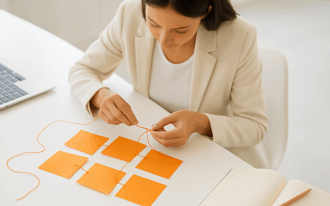 Especialista en diseño de experiencias de aprendizaje cosiendo postits